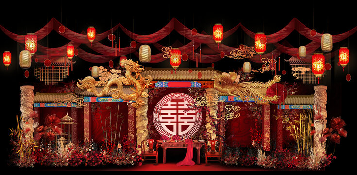 中式婚礼主背景手绘效果图