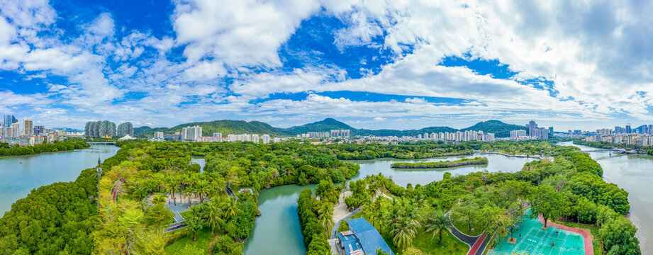 航拍海南三亚白鹭公园全景图