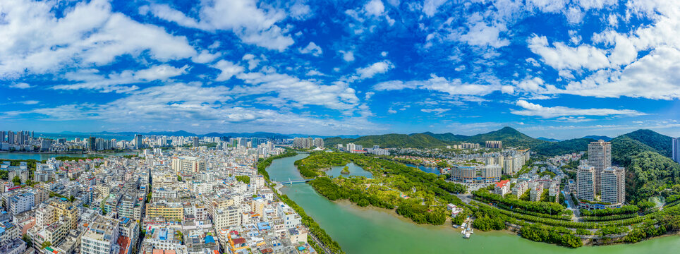 航拍海南三亚白鹭公园湿地全景