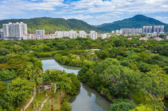 航拍海南三亚白鹭公园城市湿地