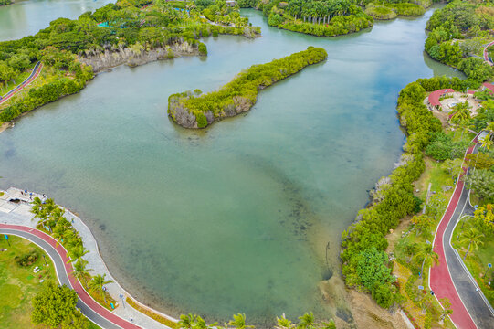 航拍海南三亚白鹭公园城市湿地