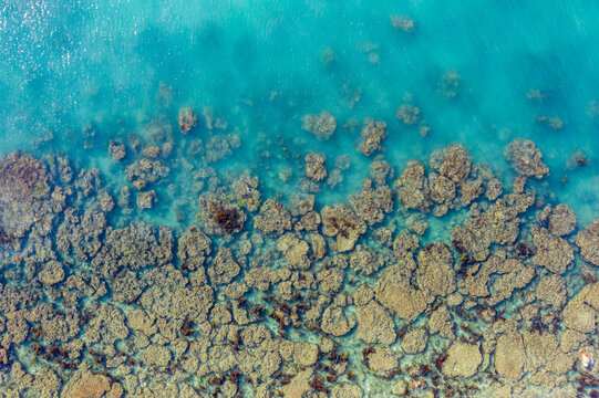 航拍三亚西岛近海海底珊瑚礁石