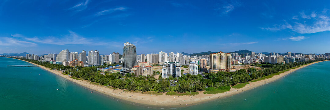 航拍三亚湾度假区海岸线全景图