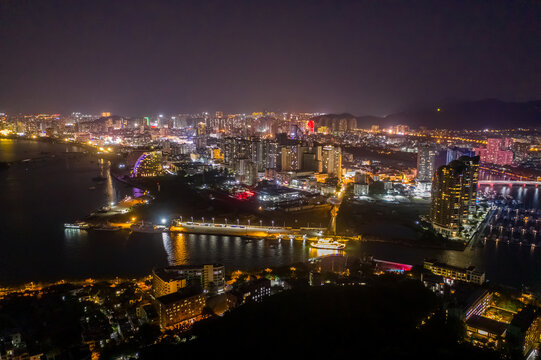 航拍三亚夜景城市建筑灯火通明