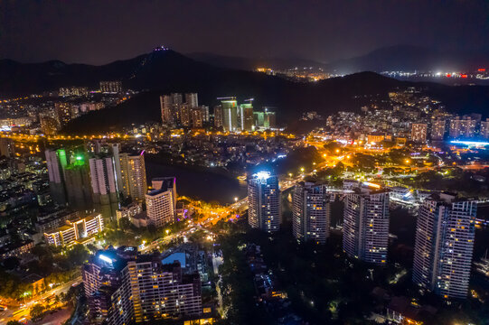 航拍三亚夜景城市建筑灯火通明