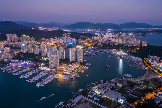 航拍三亚夜景城市建筑灯火通明