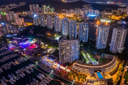 航拍三亚夜景城市建筑灯火通明