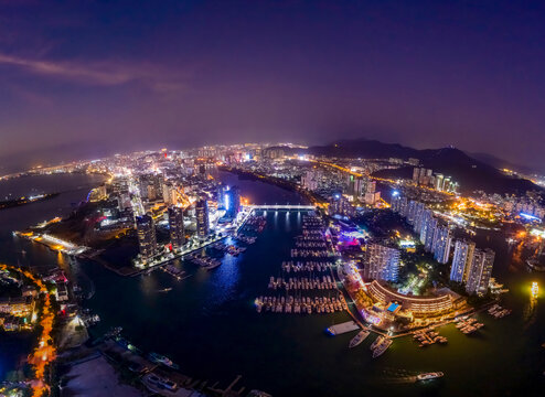 航拍海南三亚鸿洲游艇码头夜景