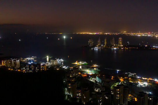 航拍三亚夜景城市建筑灯火通明