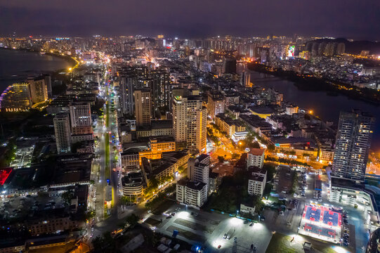 航拍三亚夜景城市建筑灯火通明