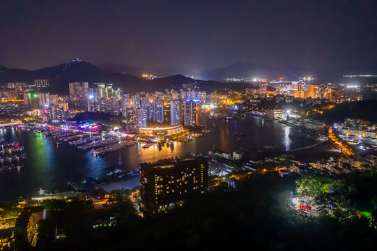 航拍三亚夜景城市建筑灯火通明