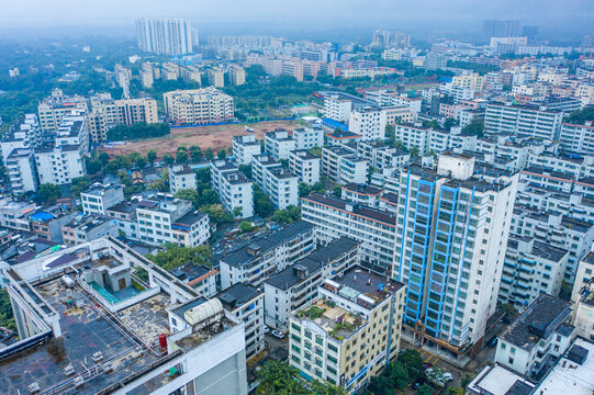 航拍海南文昌湿润雨雾笼罩城镇