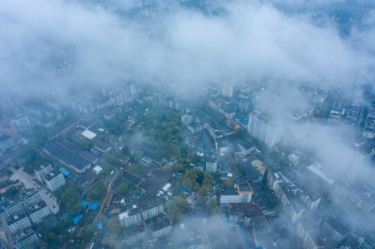 航拍海南文昌高空平流雾景观