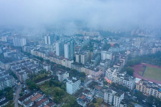 航拍海南文昌高空平流雾景观