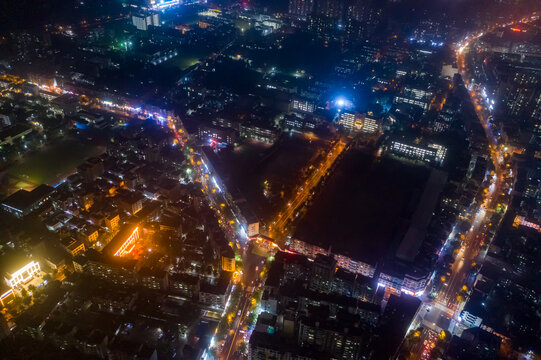 航拍海南文昌城镇中心区域夜景