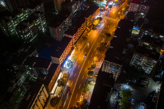 航拍海南文昌城镇中心区域夜景