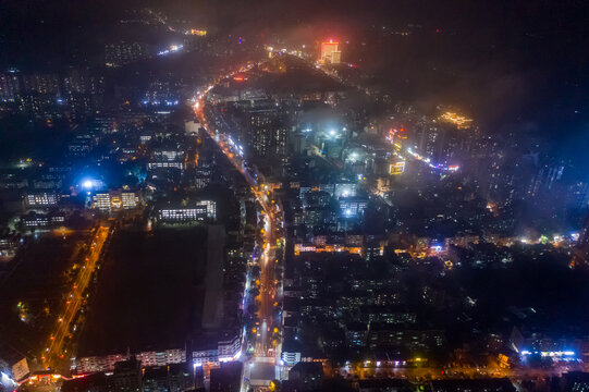 航拍海南文昌城镇中心区域夜景