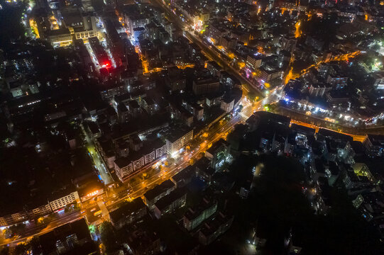 航拍海南文昌城镇中心区域夜景