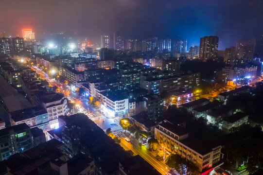 航拍海南文昌城镇中心区域夜景