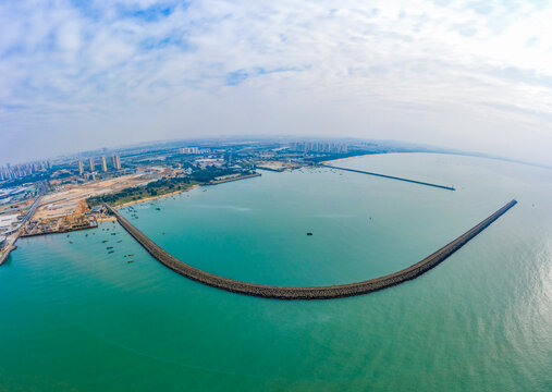 航拍粤海铁路海南海口轮渡南港