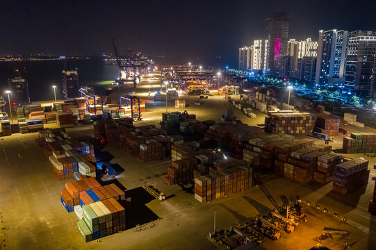 航拍海口港集装箱码头港口夜景