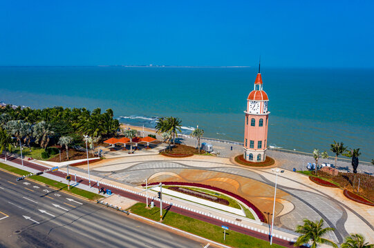 航拍海南海口西海岸观海台海滩