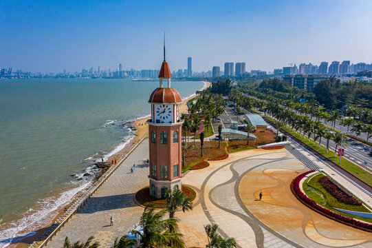 航拍海南海口西海岸观海台海滩