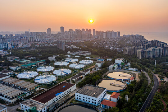 航拍海南海口白沙门污水处理厂