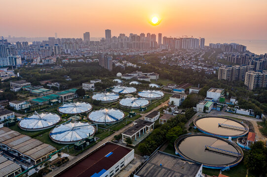 航拍海南海口白沙门污水处理厂