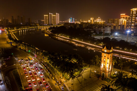 航拍海南海口钟楼夜景灯光秀