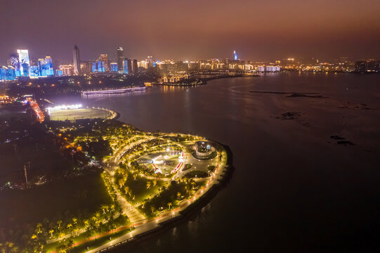 航拍海口世纪公园音乐广场夜景