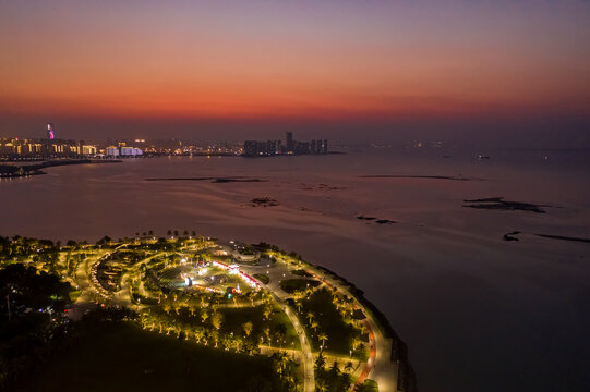 航拍海口世纪公园音乐广场夜景