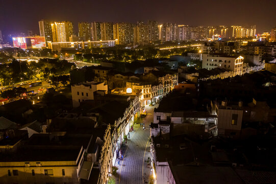 航拍海口骑楼老街夜景老城街区