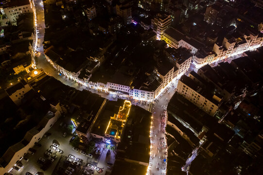 航拍海口骑楼老街夜景古城街区