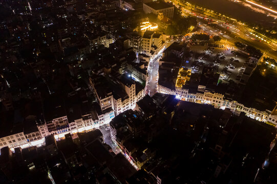 航拍海口骑楼老街夜景古城街区