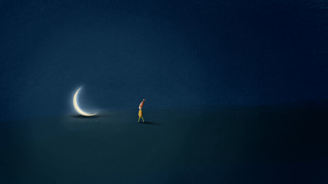手绘月光下的孤影插画