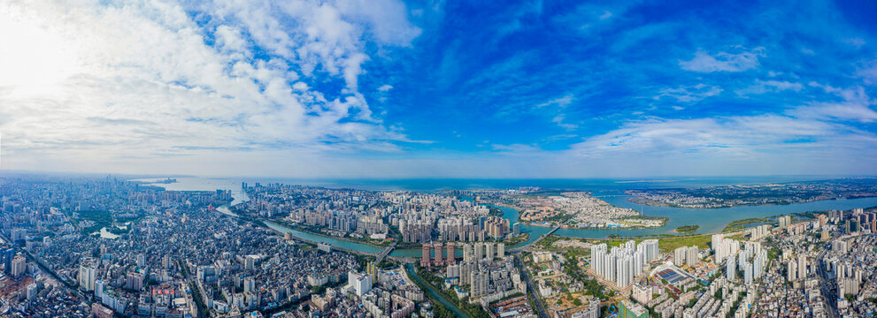 航拍海口海甸岛与新埠岛河口岛