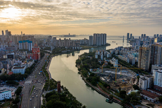 航拍海南海口海甸河海甸溪风光