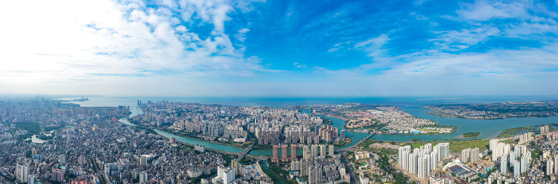 航拍海口海甸岛与新埠岛河口岛