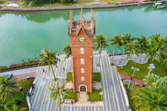 航拍海南海口钟楼海甸溪畔建筑