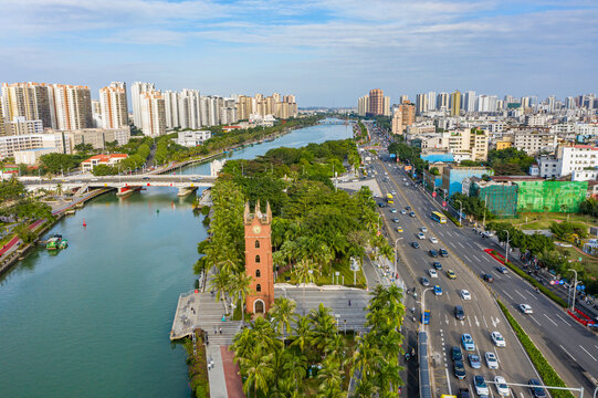 航拍海南海口钟楼海甸溪畔建筑