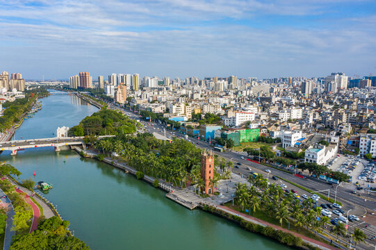 航拍海南海口钟楼海甸溪畔建筑