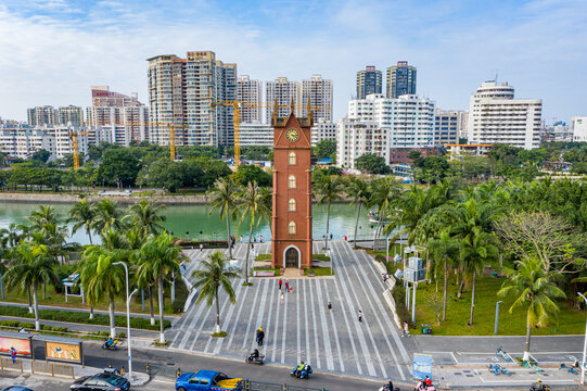 航拍海南海口钟楼海甸溪畔建筑