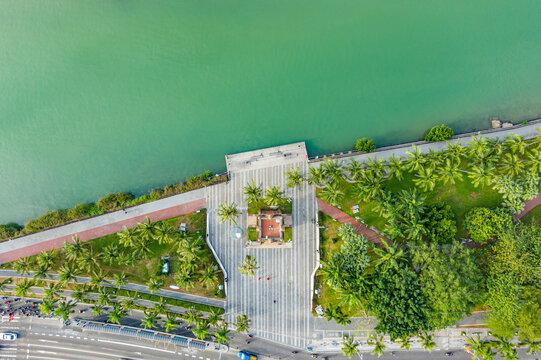 航拍海南海口钟楼海甸溪畔建筑