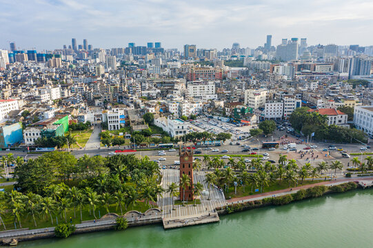 航拍海南海口钟楼海甸溪畔建筑