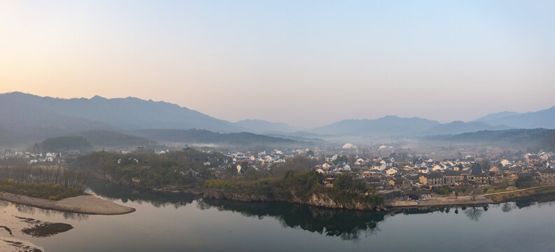 安徽宣城桃花潭景区晨曦航拍