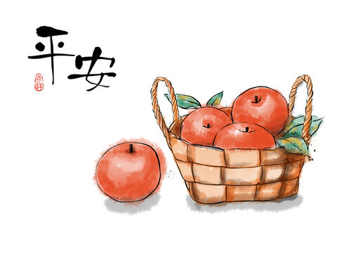 苹果水墨画插画