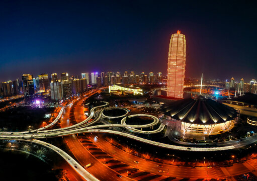航拍郑州大玉米高楼夜晚景观灯