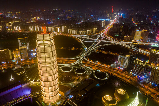 航拍郑州大玉米高楼夜晚景观灯