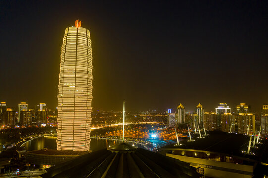 航拍郑州大玉米高楼夜晚景观灯